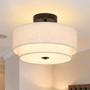 2 Light Semi Flush Mount Ceiling Light Fixture 12.6 Inch Modern Black Drum Ceiling Light Fixture with 2-Layer Fabric Shade Dimmable Close to Ceiling Light for Living Room Hallway Bedroom Entryway