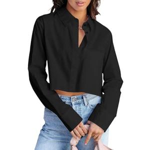 BONITEE Women Cropped Long Sleeve Button Down Shirts Fall Cute Button Up Crop Blouses 2025 Casual Sexy Lapel Tops with Pocket, M