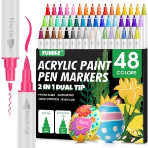 FUMILE 48 Colors Dual Tip Acrylic Paint Pens,Paint Markers With Extra Fine Tip and Brush Tip for Wood, Rock, Glass, Ceramic, Canvas, Paper.Paint Markers for DIY Craft,Halloween and Christmas