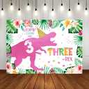 Lofaris Dinosaur Three-rex Birthday Party Backdrop Girls Happy 3rd Birthday Palm Leaves Pink Flower Background 3 Years Old Party Decorations Supplies Banner Photo Shoot Studio Props 7x5ft