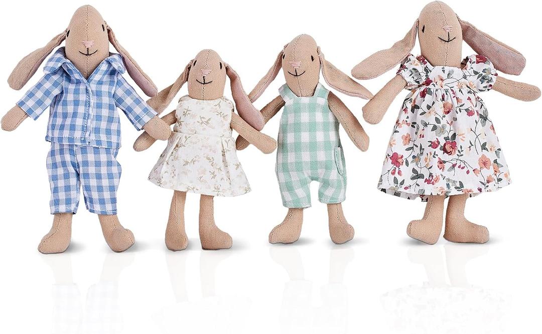 Giant bean Bunny Toys for Kids, Easter Bunny, 4 PCS Hand Made Rabbit Family Dolls with Removable Clothes, Suitable for Infants, Boys and Girls, Dollhouse People, Easter Basket Essentials (Blue)