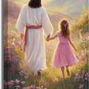 ZSHARTSWD Christian Wall Art Jesus Walking with Little Girl Pictures God Flower Field Canvas Print Religious Faith Painting for Church Kids Room Decor Framed (Beige, 24L x 16W)