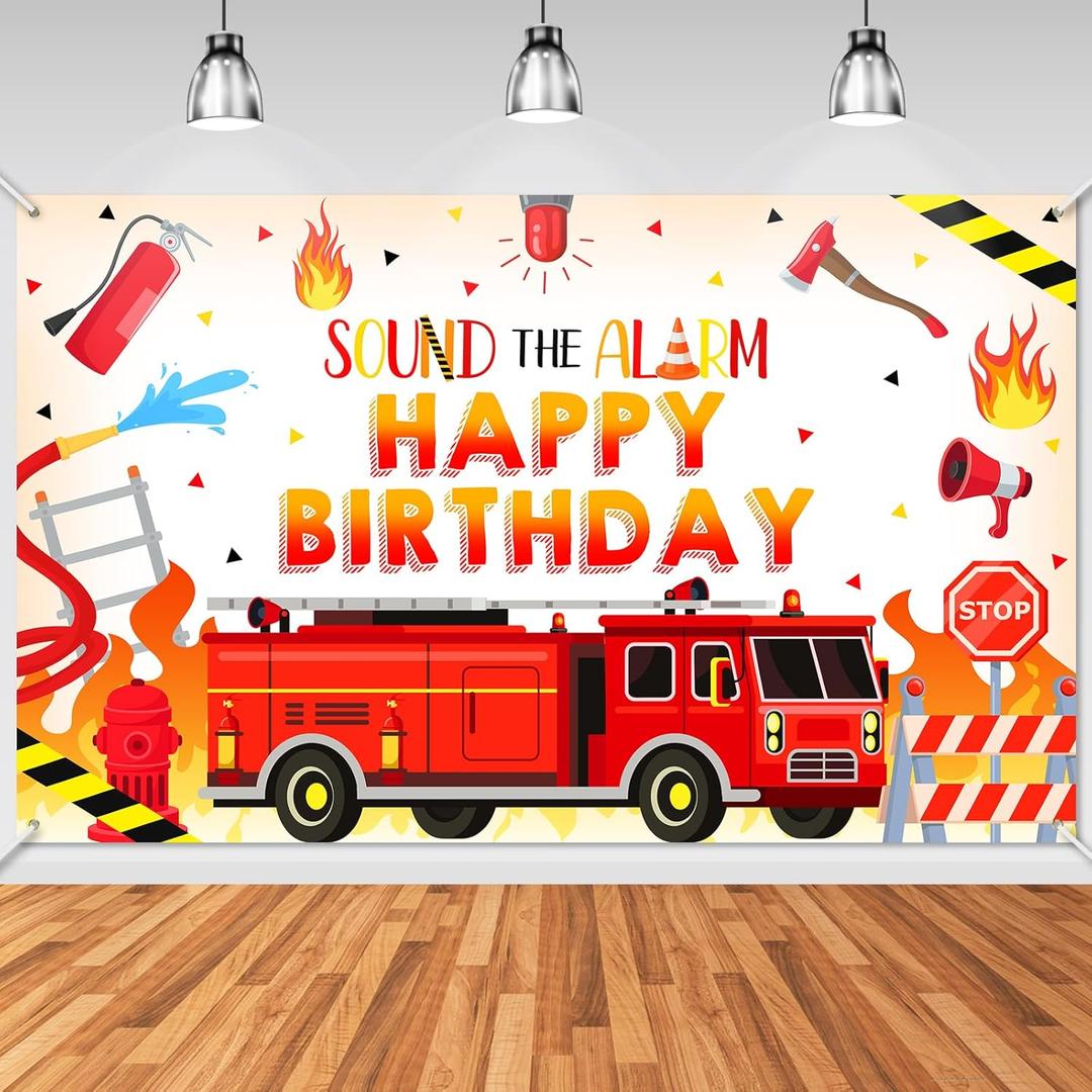 Avezano Firetruck Birthday Party Banner 6 x 3.6 ft Fire Truck Theme Birthday Decorations for Kids Firefighter Red Bday Photo Booth Cake Table Decor
