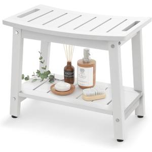 Shower Bench for Inside Shower - White HDPE Shower Stool Waterproof - Spa Bathroom Seat Chair with Handle, Storage Shelf, Adjustable Feet - Indoor/Outdoor, Weather Resistant (Large 21x12.5x17 Inch)