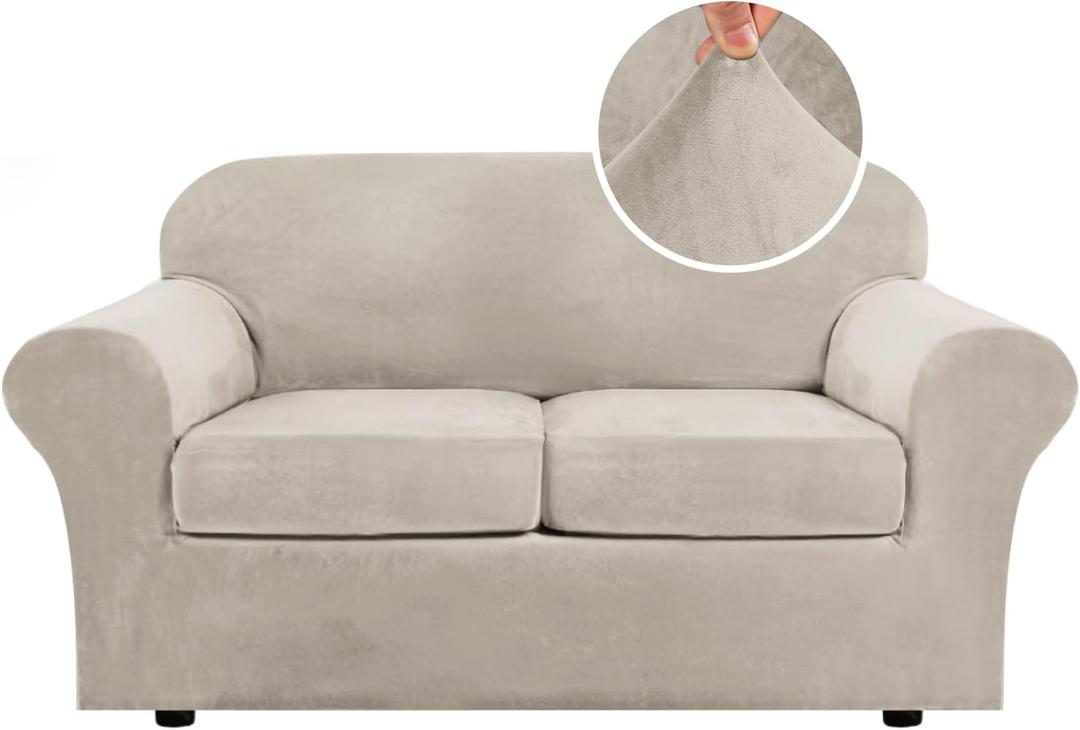 H.VERSAILTEX Real Velvet Plush 3 Piece Stretch Sofa Covers Couch Covers for 2 Cushion Couch Loveseat Covers Width Up to 72 Inch Feature Thick Soft Stay in Place (Medium Sofa, French Oak)