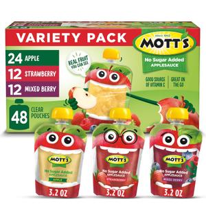 Motts No Sugar Added Applesauce Variety Pack, 3.2 oz Clear Pouches, 48 Count (4 Packs of 12) (EXP 06/15/25)