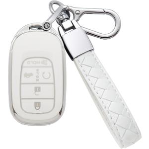 for Honda Key Fob Cover 5 Button Soft TPU with Leather Keychain 360 Degree Protection Key Case Shell Holder Fits for 2022 2023 2024 Honda Accord Civic HR-V CR-V Pilot Odyssey, B White