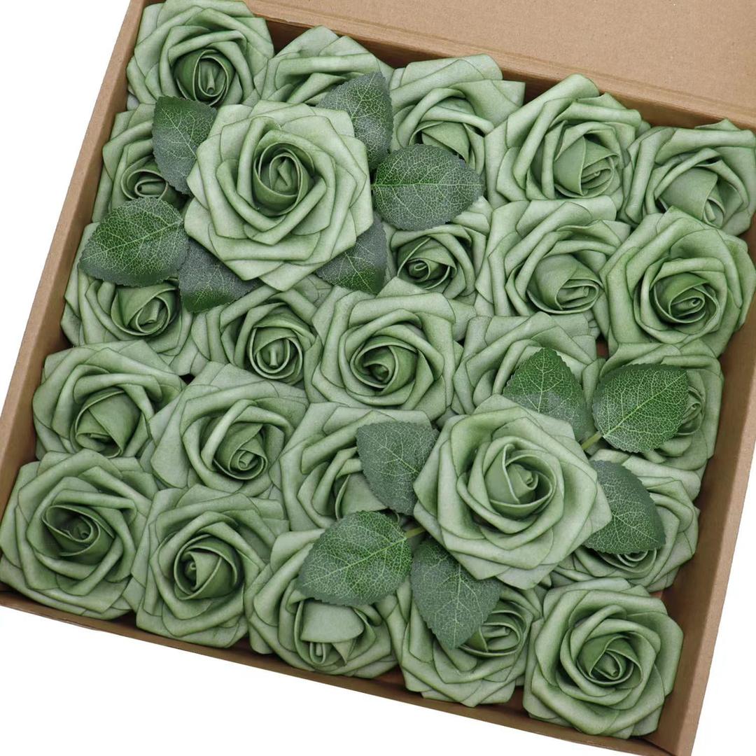 Artificial Flowers 50PCS Real Looking Elf Green Roses Fake Roses with Stem for DIY Wedding Bouquets Centerpieces Party Baby Shower Home Decorations