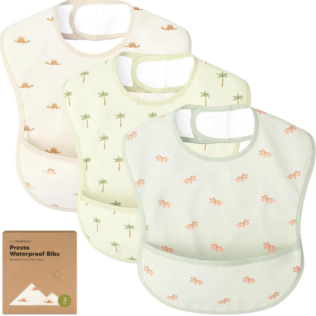 KeaBabies 3-Pack Waterproof Baby Bibs for Eating - Lightweight Toddler Feeding Bibs with Large Food Catcher, Mess Proof, Food-Grade Baby Eating Essentials, Easy to Put On & Clean (Roarsome)