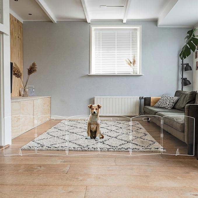 Clear Freestanding Dog Gate for Indoor Use,Pet Gates for Doorways no Drilling,Acrylic Foldable Dog Gate for Stairs with Support Feet (6 Panel - 120''W x 23''H)