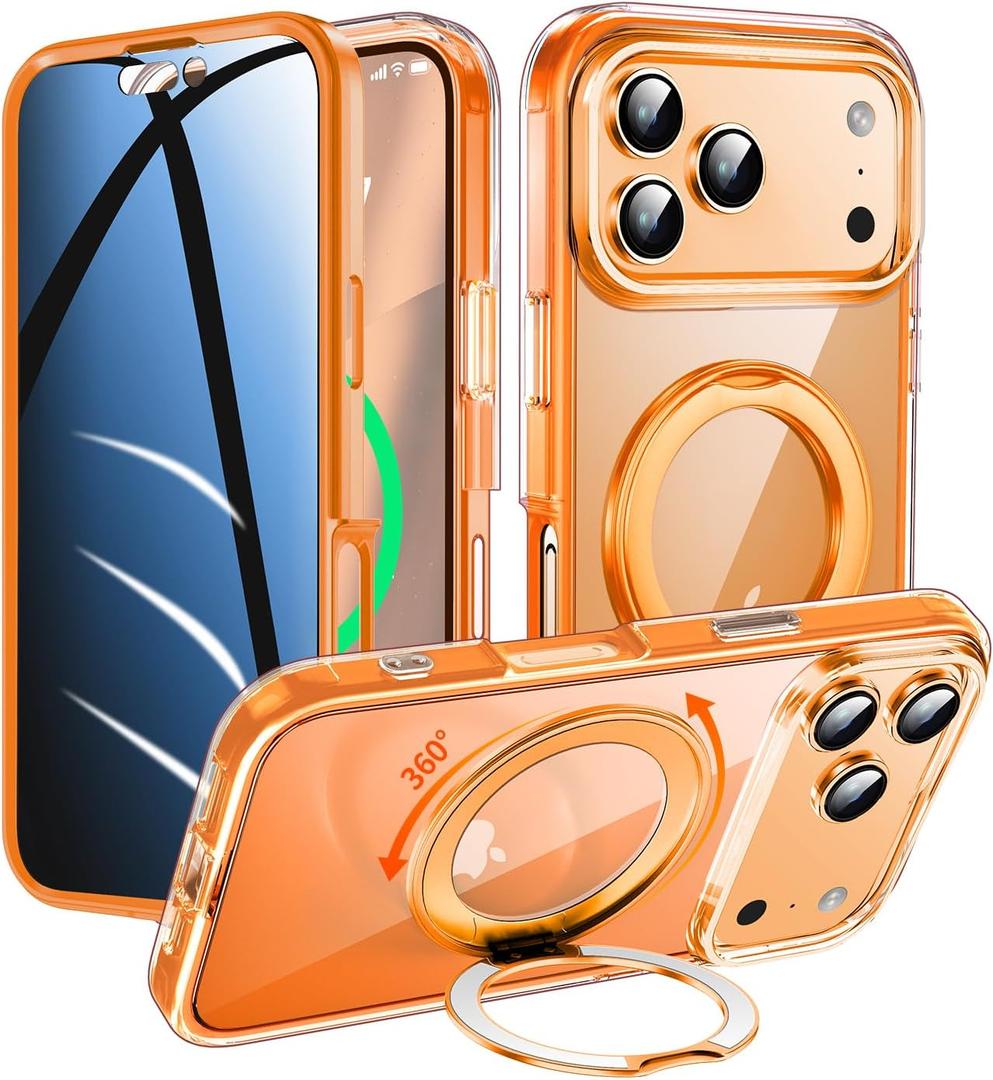 Privacy Case for iPhone 17 Pro with 360Stand [Built-in Anti Peeping Screen Protector] [Magnetic Ring ] Full Body Protective Phone 17Pro Cover 6.3", Orange
