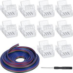 Zhengmy 10 Pack 4 Pin 10 mm Solderless LED Strip Light Connectors, Track Lighting Connectors for Waterproof RGB LED Strip Lights 16.4 ft Conductor Extension Cable with Screwdriver(4 Pin)