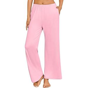Ekouaer Women's Pajama Pants with Pockets Comfy Casual Wide Leg Yoga Pants Soft Stretch Pajama Bottoms, Medium, Light Pink