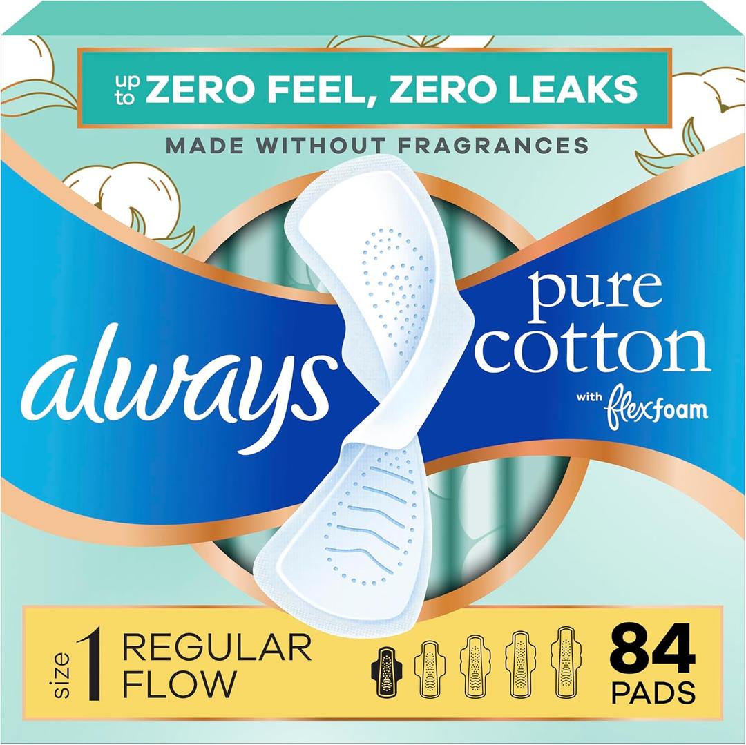 Always Pure Cotton Feminine Pads for Women, FlexFoam Pads with Wings, Size 1, Regular Absorbency, Unscented, 84 Count (3 Packs of 28)