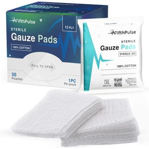 FifthPulse Sterile Gauze Pads 3" x 3" Individually Packed Pouches, 100% Cotton - 50-Pack