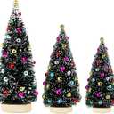 Winlyn 3 Pack Artificial Mini Tabletop Christmas Trees Tiny Frosted Bottle Brush Trees Decorated Small Sisal Trees with White Snow and Colorful Beads Winter Holiday Miniature Dcor Assorted Sizes