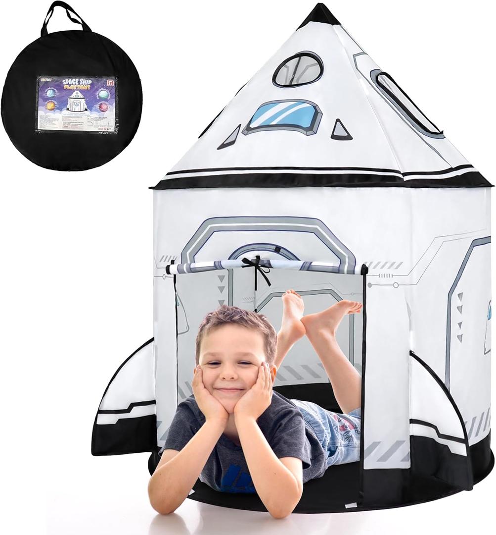 2025 New Rocket Ship Space Kids Play Tent, Pop up Play Tent for Kids, Indoor & Outdoor Spaceship Playhouse Set for 1 2 3 Year Old Birthday Gift