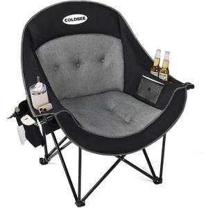 Coldbee Oversized Camping Chairs for Adults - Heavy Duty Padded Folding Lawn Chairs with Cup Holders & Cooler Bag, Comfy Outdoor Chair for Picnic, Beach, Fishing (Black)