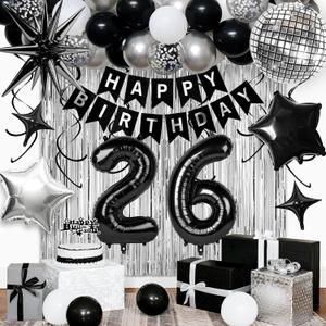 26th Birthday Decorations for Men Women, Black Silver Happy Birthday Party Decorations 26 Year Old Party Supplies with Number 26 Balloons, Banner, Fringe Curtains Kit