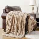 BATTILO HOME Beige Faux Fur Throw Blanket for Bed, Large Double Side Reversible Ruched Rabbit Fur Blanket for Couch, Living Room, Soft Warm Mink Cozy Blanket, 60x80 Inch (Tan)