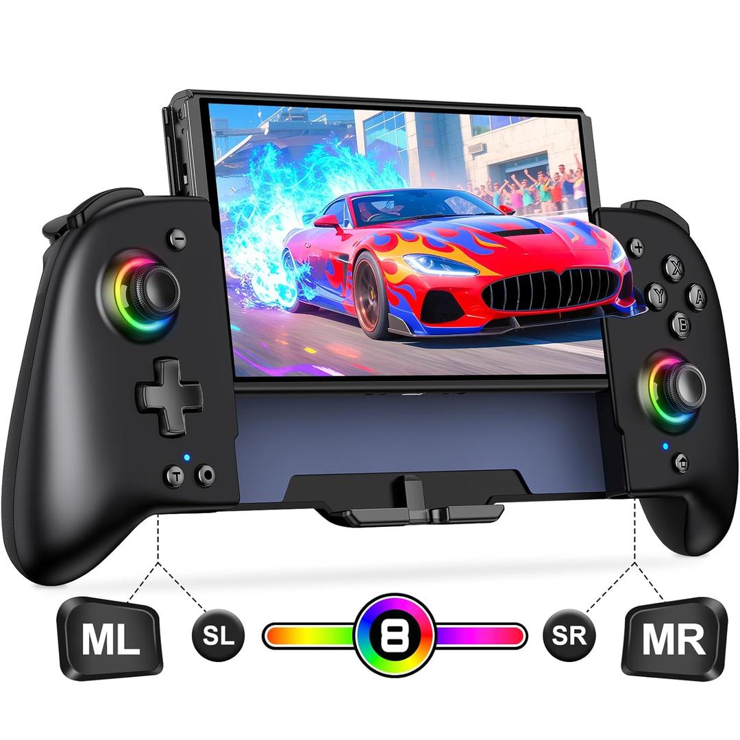 Gammeefy Switch Controllers Compatible with Nintendo Switch/Switch OLED, One-Piece Joypad Controller Replacement for Switch Pro Controller with 9 Lights Color, Turbo, Macro, KeyLinker APP, Game Boy Color (6.2"/7", Black)