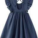 Dutebare Toddler Baby Girl Dress Cotton Linen Ruffle Halter Sleeveless Dresses Kids Summer Sundress (Blue)