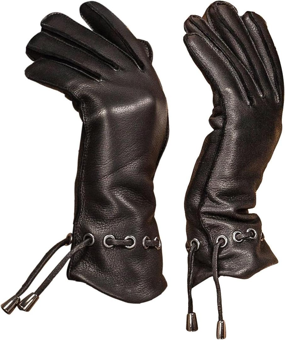 YISEVEN Women's Deerskin Leather Gloves Hand Sewn (8.0"/XL, Black Chain)