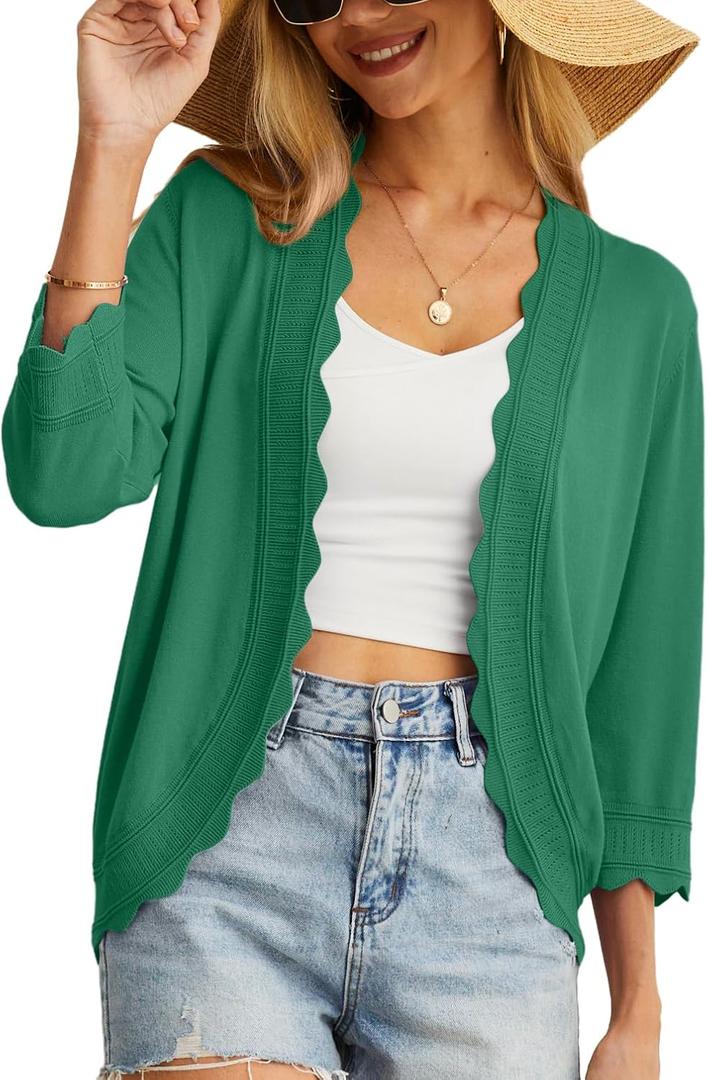 GRECERELLE Women's 3/4 Sleeve Summer Cardigan Lightweight Casual Open-Front Cropped Shrug Sweaters for Women (Medium, Dark Green)