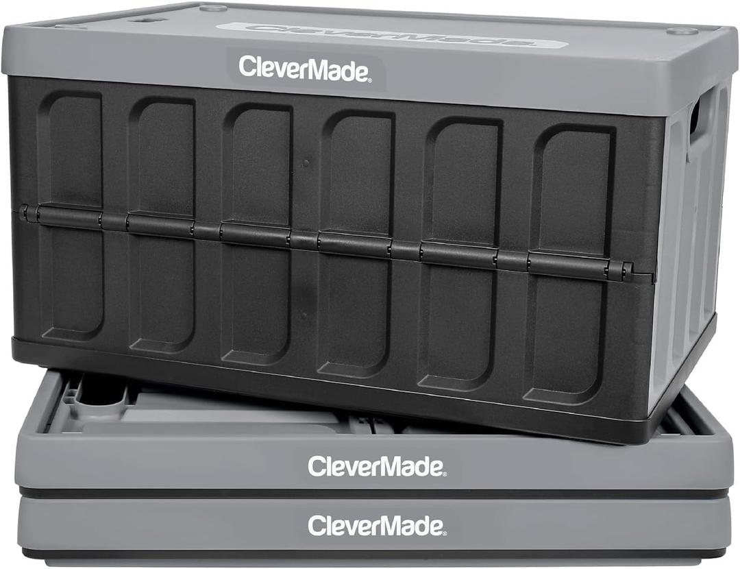 CleverMade Collapsible Storage Bins with Lids (62L, 3 Pack) Heavy Duty Foldable Plastic Storage Crates for Garage, Closet & Trunk Organization - Stone