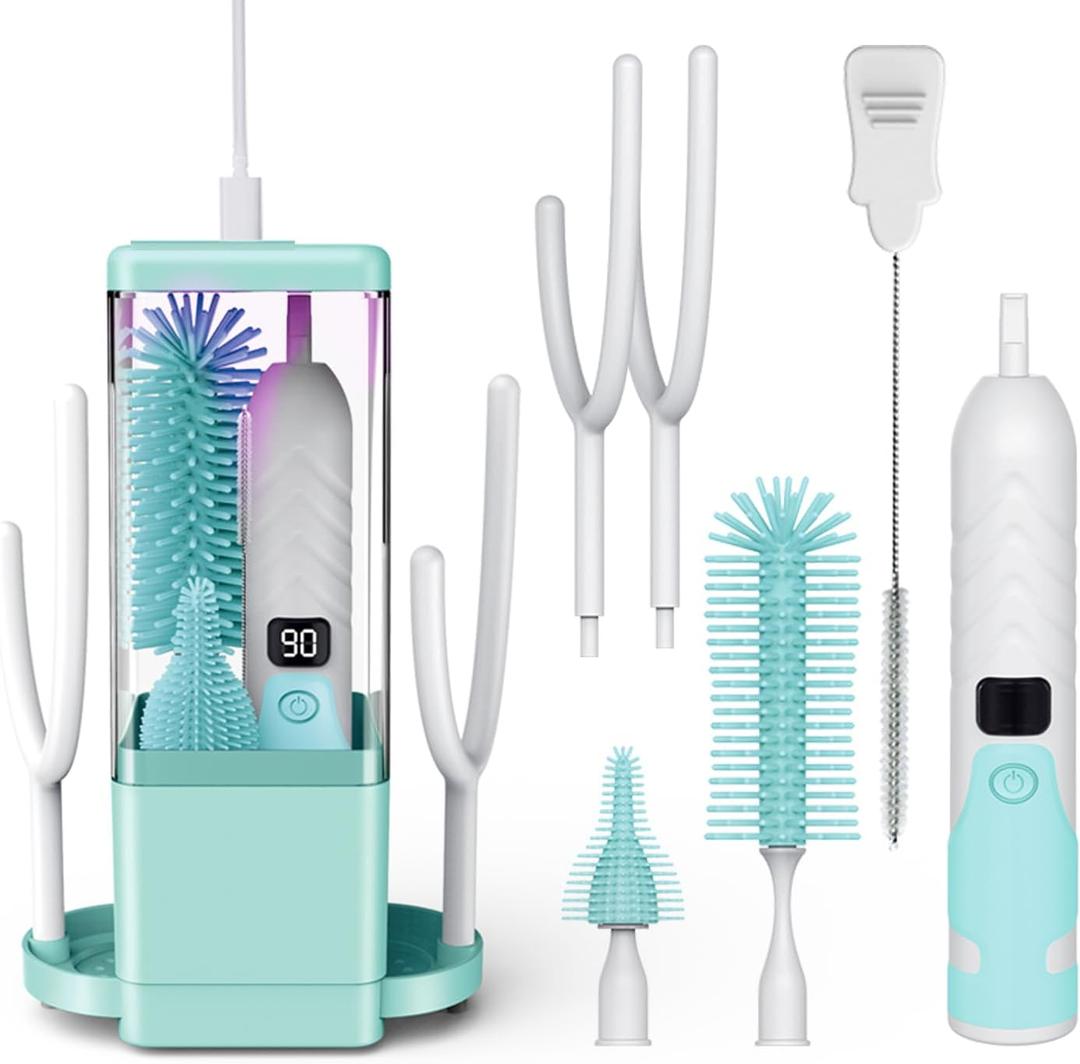 Electric Bottle Brush Cleaner - 360High-Speed Spinning Bristles, Rechargeable Baby Bottle Brush with Silicone Bottle, Nipple Brush, Straw Brush, 2 Drying Rack, UV sterilized, Green