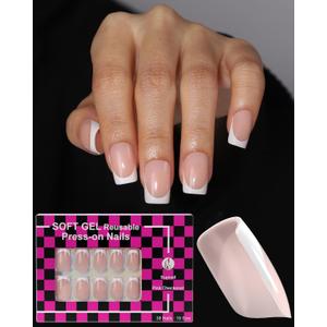 Press on Nails,French tip Short Square, 19 Sizes, 38 Pieces,Fake Nails with Brush-on Glue & Adhesive Tabs (Classic French)