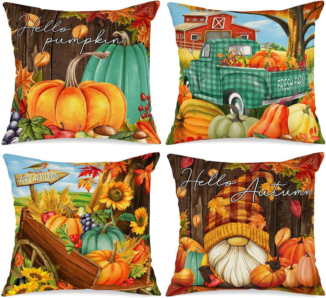 Ywlake 20x20 Fall Pillow Covers Set of 4, Pumpkin Gnomes Decorative Holiday Pillow Case 20 Inch Autumn Cushion Covers Thanksgiving Pillowcase for Indoor Home Bedroom Couch Sofa Decor