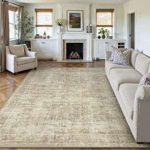 6x9 Washable Area Rug Beige Vintage Living Room Bedroom Indoor Carpet Distressed Retro Non Slip Low Pile Soft Large Throw Rug for Dining Room Office Dorm Decor