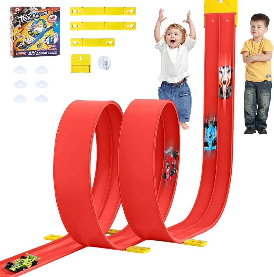 Wdmiya 17 ft Flexible Race Track for Kids,Compatible with Hot Wheels and Diecast 1/64th Cars, Double Track Long Rolls Up Portable Racetrack, Christmas & Birthday Gifts for Boys Girl Age 3-5 4-8 (Red)