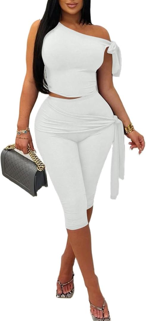 Vssjavun Women's 2 Piece Outfits Sexy Sleeveless One Shoulder Crop Tops Bodycon Capri Pants Sets (Large, White)