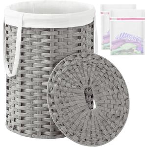 Laundry Hamper with Lid Laundry Basket with Lid 19.0 Gal (72 L) Round Laundry Basket Handwoven Rattan Basket with Lid Removable Bag 2 Mesh Bags Handles for Living Room Bathroom Gray