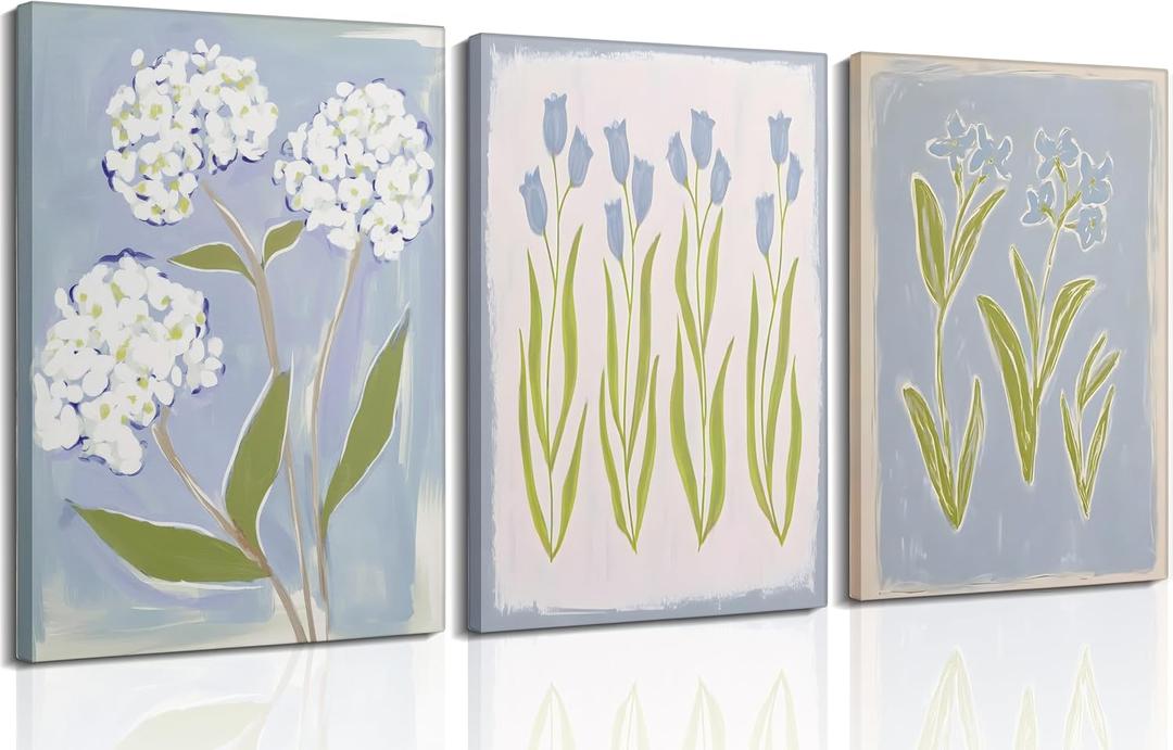 3Pcs Blue Green Tulip Hydrangea Flower Canvas Wall Art Flowers Plant Aesthetics Painting Picture Decor Elegant Preppy Poster Print Artwork for Living Room Gallery Bedroom Dorm Home Decoration