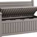 80 Gallon Lockable Deck Bench with Storage, Resin Stripes Outdoor Storage Box, Waterproof Outdoor Porch Bench for Cushions Garden Tools, and Pool Supplies, Grey, 52 x 23 x 35 inches
