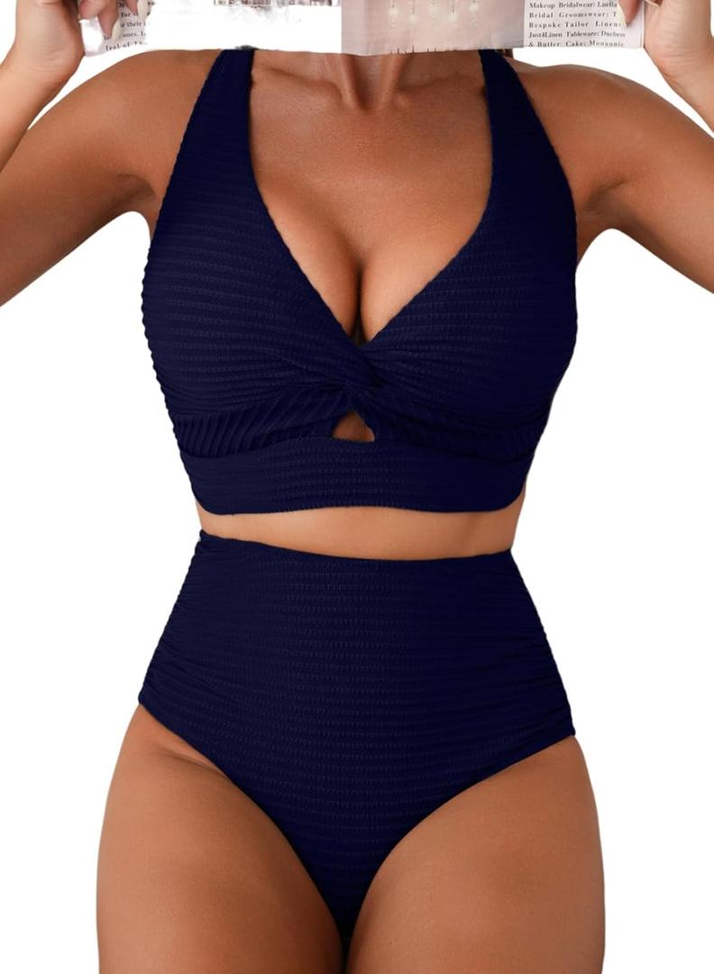 Herseas Women's Textured Bikini Sets Twist Front Top Swimsuits High Waisted Bathing Suits (Large, Navy Blue)