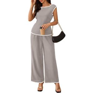 BeryLove 2 Piece Sets for Women Casual Short Sleeve Summer Tops and High Rise Wide Leg Pants Lounge Sets 601 Khaki S (S)