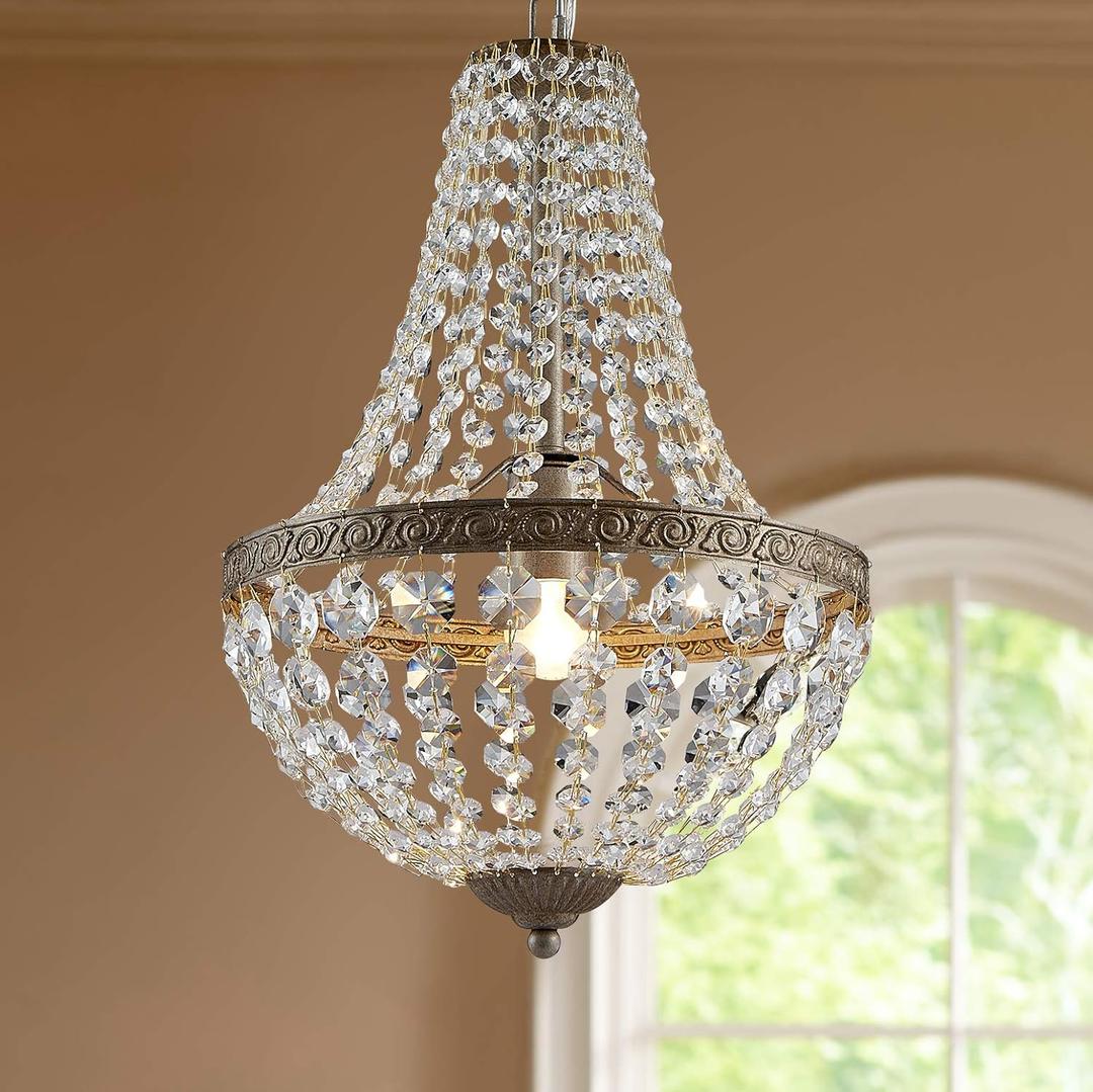 Bestier French Empire Antique Silver Finish Farmhouse Crystal Pendant Chandelier Lighting LED Ceiling Light Fixture Lamp Dining Room Bathroom Bedroom Livingroom 1 E26 Bulbs Required H18 inch X D12 inc