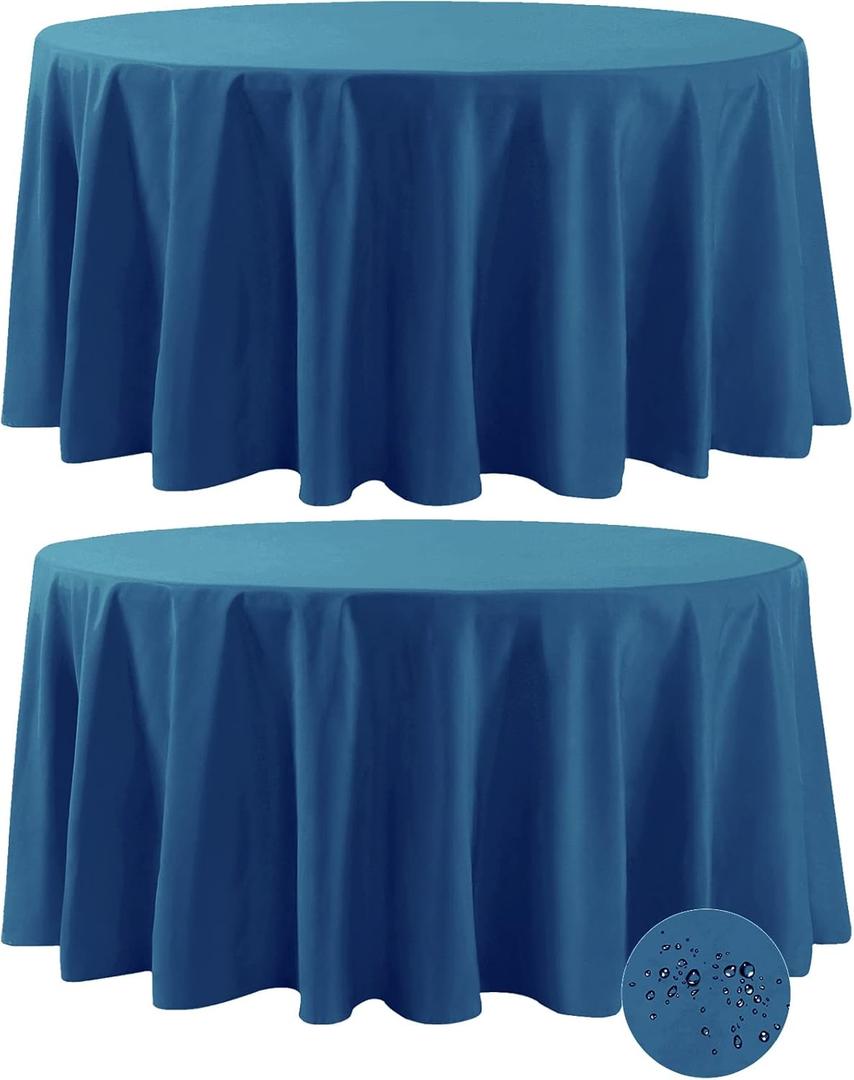 2 Pack Waterproof Round Tablecloth, 120 Inch, Stain Resistant and Wrinkle Polyester Table Cloth, Fabric Table Cover for Kitchen Dining, Wedding, Party, Holiday Dinner-Mediterranean Blue