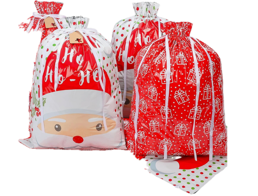 7 Pack Extra Large Drawstring Christmas Gift Bags, Xmas Wrapping Bags for Big Presents, Reusable Large Holiday Bag with Tags