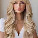 WIGER Long Wavy Hair With Bangs Flaxen Mix Blonde Curly Hair Synthetic Layered Wavy Wig for Women Daily or Costume Use Cosplay Party Wigs (10.43 x 7.99 x 2.76 in)