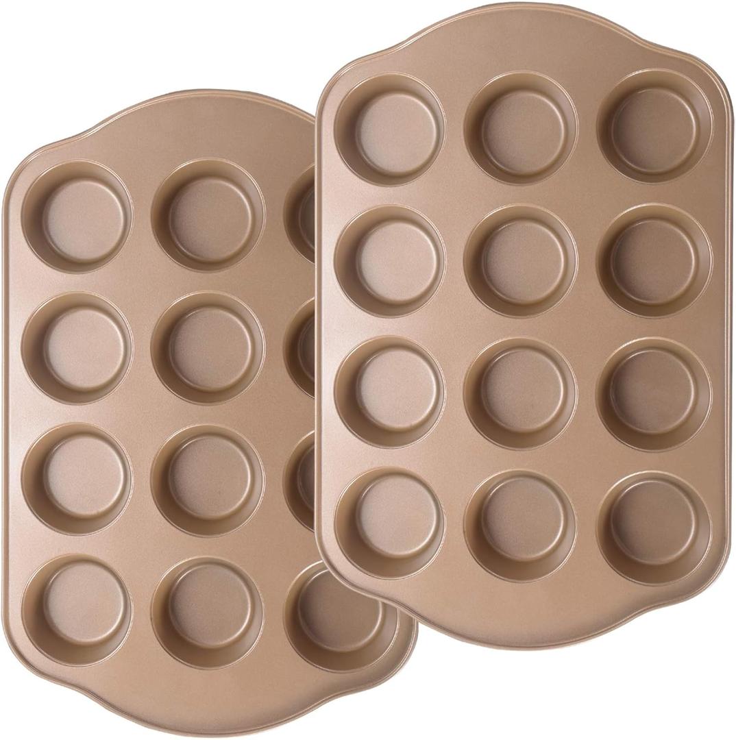 2 Pack Nonstick Muffin Pan Set, 12-Cup Heavy Duty Cupcake Baking Pan with Handles - PFOA-Free Muffin Tin, Rust Proof & Warp Resistant, Oven Safe 430F (Gold)