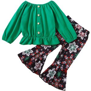 Toddler Baby Girl Christmas Outfits Long Sleeve Shirt Top Snowflake Plaid Bell Bottom Pants Set Xmas 2Pcs (Green)