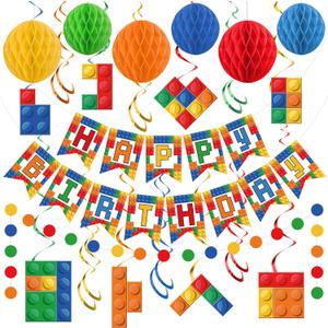Building Block Birthday Party Decorations Brick Themed Happy Birthday Banner Colorful Block Hanging Swirls Honeycomb Balls Circle Dots Garland for Colorful Brick Pre-strung Birthdays Party Decor