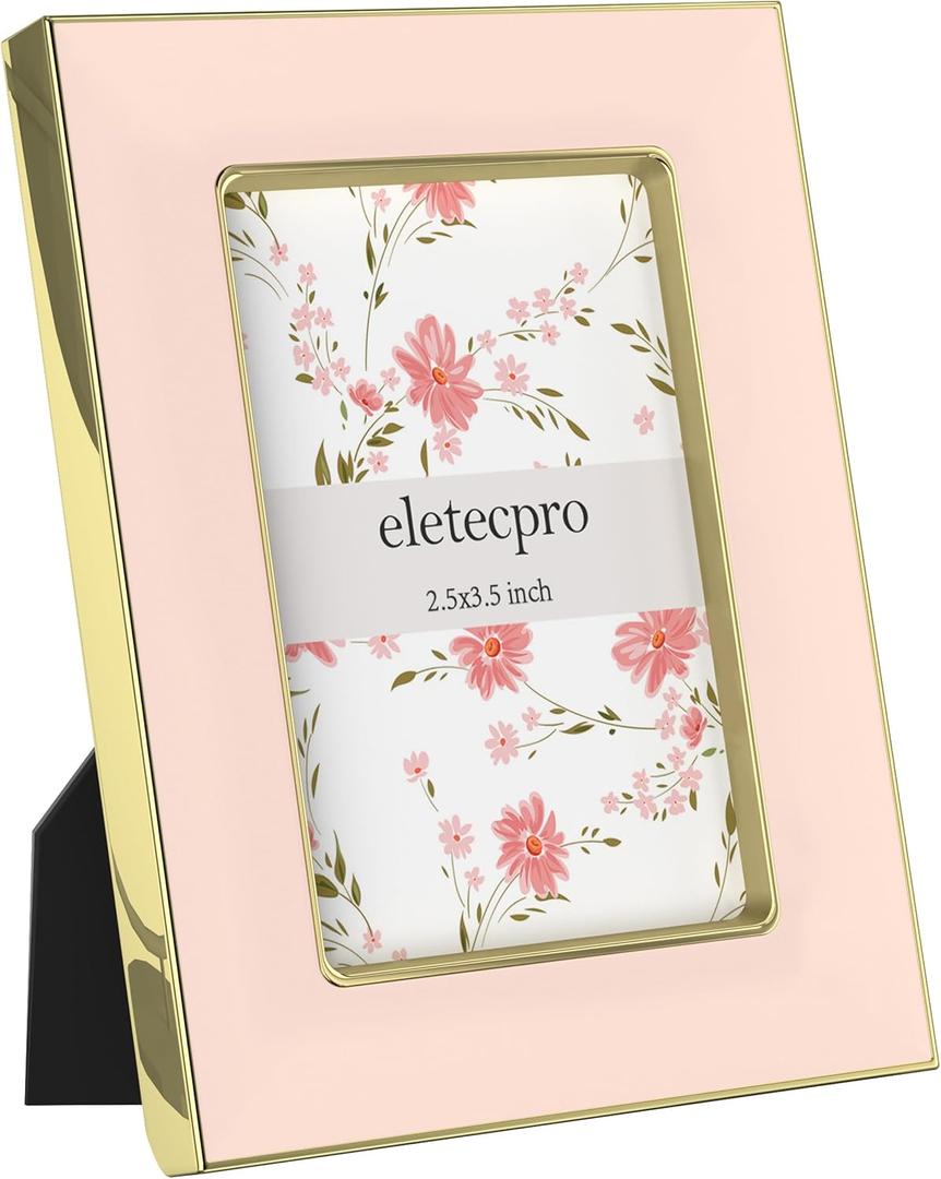 Eletecpro 2.5x3.5 Enamel Picture Frame with Real Glass Cover, 1 Pack Pink Photo Frames with Gold Metal Edge, Horizontal and Vertical Display Pictures 2.5x3.5 for Tabletop and Wall Decor