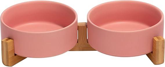 SPUNKYJUNKY 15° Slanted Ceramic Dog and Cat Bowl with Wooden Stand, Tilted Bulldog Food and Water Bowl No Slip Non-Spill for Cats Medium Dogs Big Face Pets 28.7 OZ (3.6 Cups, Pink × 2)