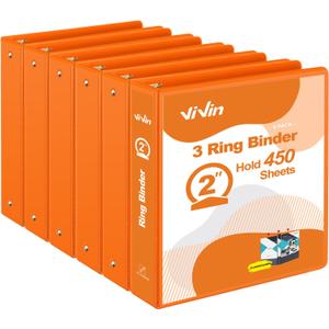 4 x ViVin 2 Inch Round Ring View Binder for Durability, Standard 3 Ring Binder for 450 Sheets of US Letter Size Paper, PVC-Free, 6-Pack (Orange)